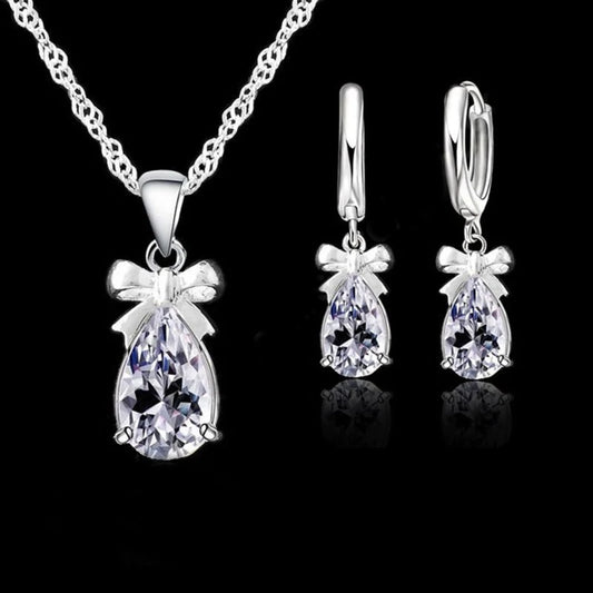 Sterling Silver With White Stone Cubic Zirconia Dangle Earring Pendant Necklace