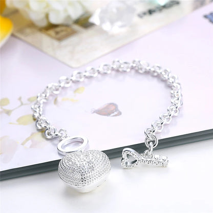 925 Sterling Silver AAA Zircon Heart Bracelet Necklace Ring Set