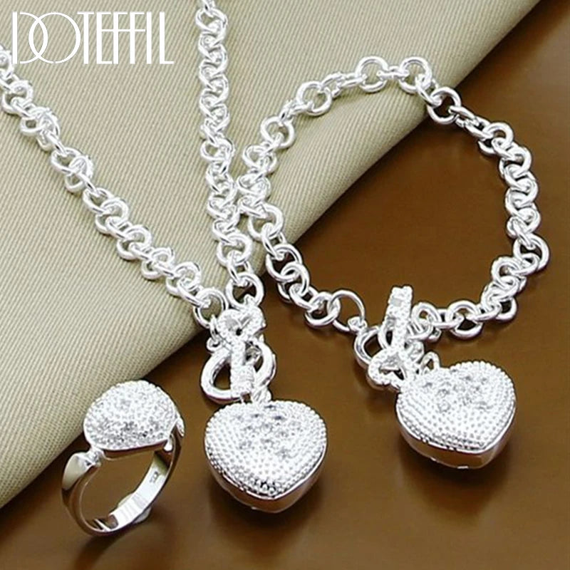 925 Sterling Silver AAA Zircon Heart Bracelet Necklace Ring Set